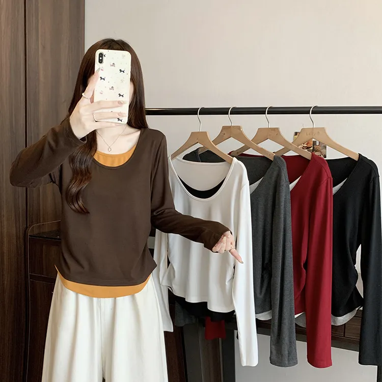 2025秋装新款胖mm大码女撞色设计感假两件正肩长袖上衣