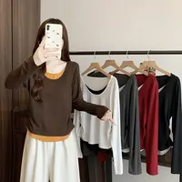 2025秋装新款胖mm大码女撞色设计感假两件正肩长袖上衣36182