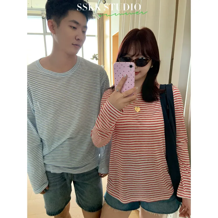 KMZY/KMZY山_山【韩式松弛】微胖韩系慵懒风宽松休闲条纹防晒上衣T