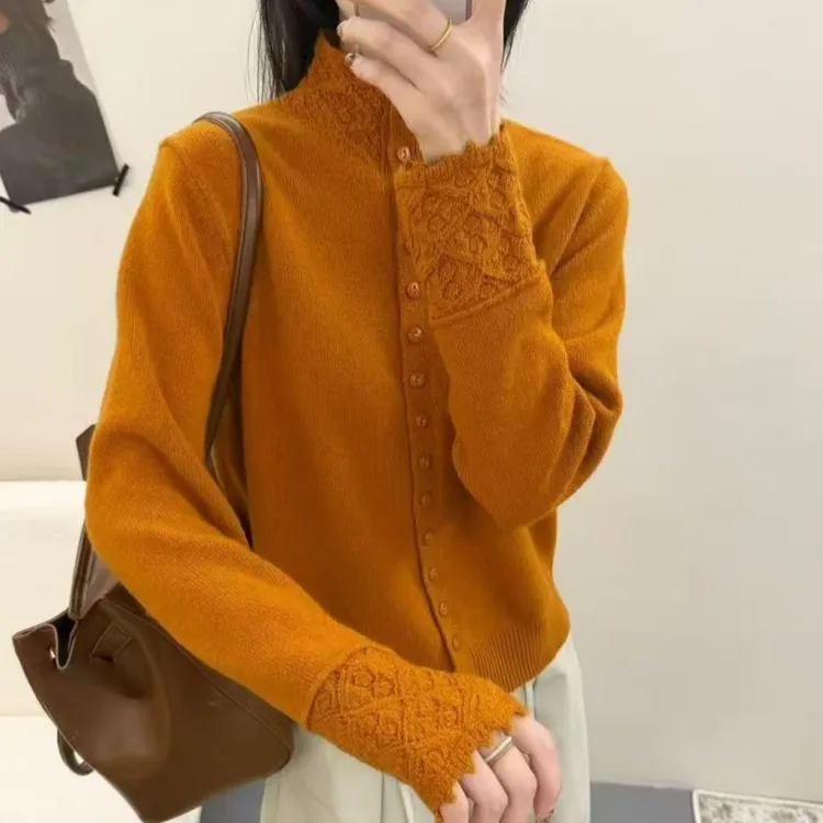 3440镂空钩花秋冬季女时尚开衫毛衣上衣针织衫纯色外套软糯潮