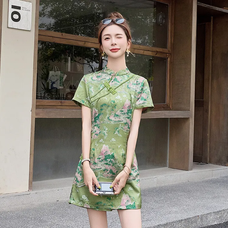 2025夏季新款时尚短袖盘扣复古花色新中式旗袍裙短裤两件套ZQ2566