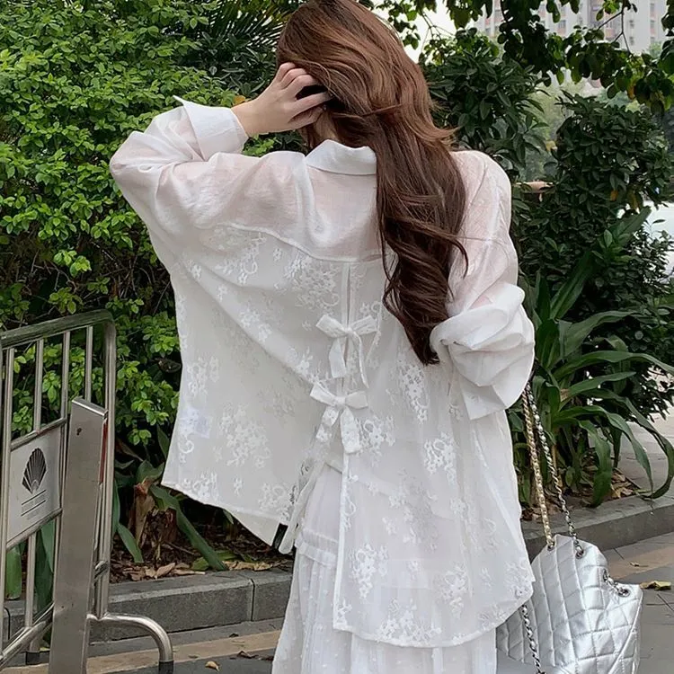 白色衬衫女夏季新款法式上衣女外套气质防晒衫蕾丝长袖温柔风衬衣