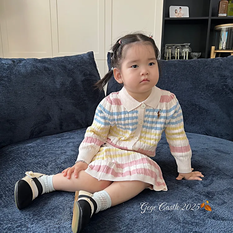 韩版童装2025新款秋季女童针织条纹套装儿童polo衫长袖半裙两件套
