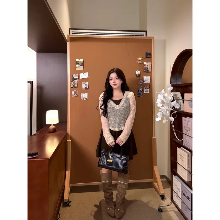 现货【小个子定制款】（泡芙） 2025秋微胖显瘦防晒罩衫v领+连衣裙016