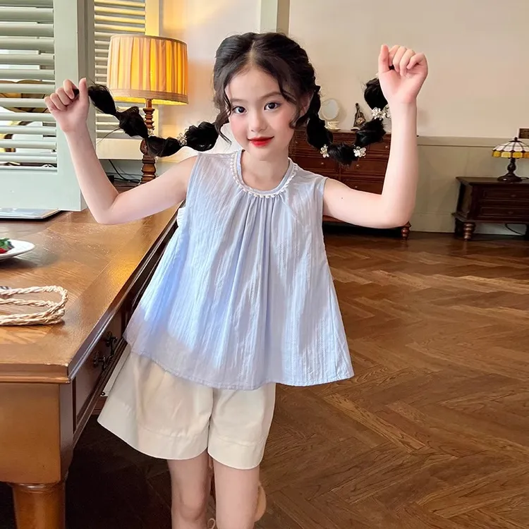 2025韩系女童无袖棉布短裤套装中大童宽松小清新舒适百搭个性时尚
