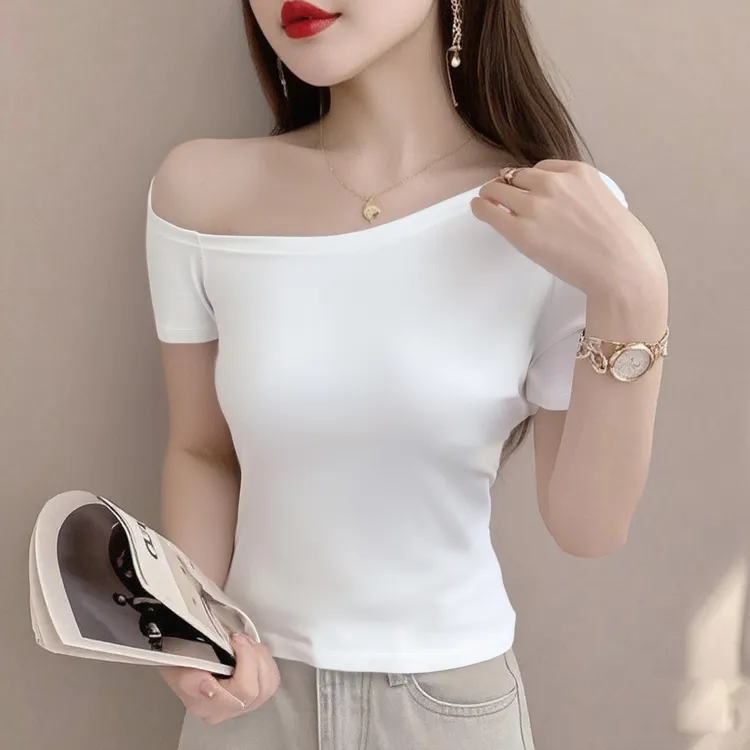 白色斜领露肩短袖t恤女夏百搭修身显瘦绝美露锁骨显瘦一字领上衣