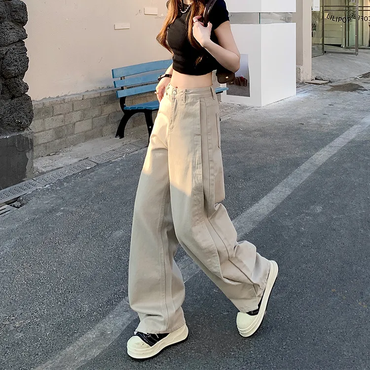 100%棉莫兰迪灰拼接弯刀牛仔裤女秋季新款高腰宽松显瘦垂感拖地裤