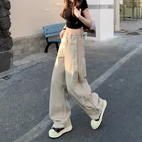 100%棉莫兰迪灰拼接弯刀牛仔裤女秋季新款高腰宽松显瘦垂感拖地裤
