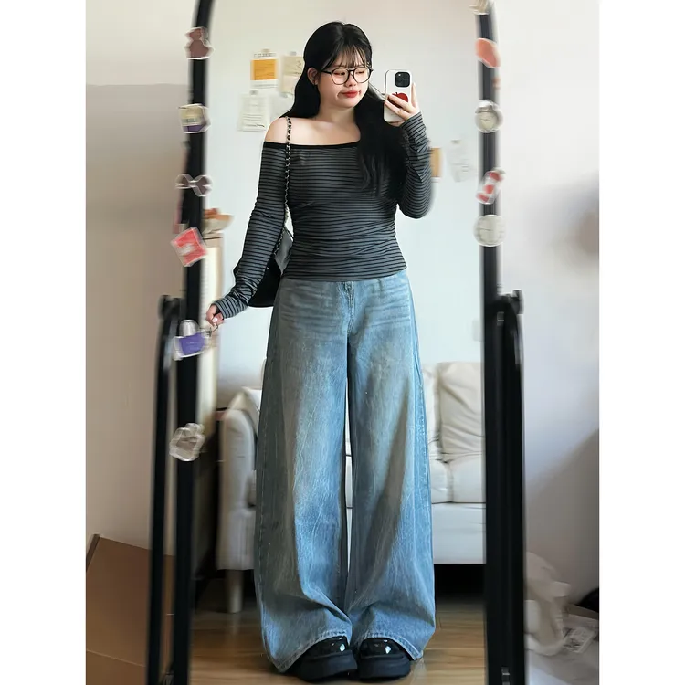 特大码复古水洗阔腿牛仔裤女胖mm裤子宽松显瘦弯刀裤女大码胖mm