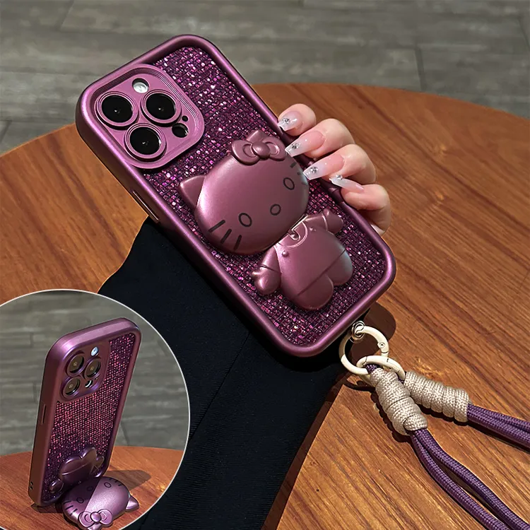 适用于苹果17/OPPO华为VIVO梅子色KT猫镜子手机壳简约支架网红新