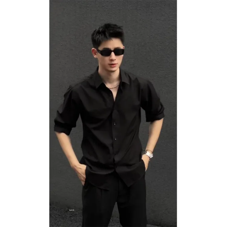 高级感痞帅男士中袖衬衫潮牌那不勒斯黑色衬衣垂坠感内搭打底上衣
