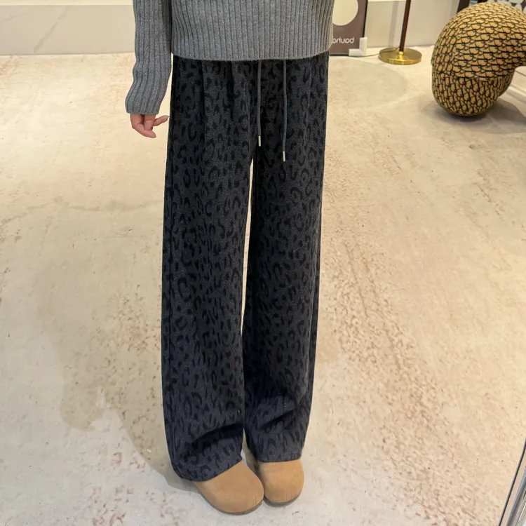 宿慕SUMU 时尚韩版加绒加厚豹纹阔腿裤10-23冬季新款阔腿长裤6705