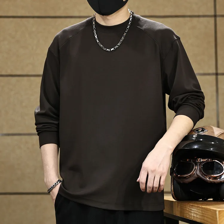 秋季新款莫代尔重磅300g长袖T恤男美式简约宽松暖绒打底衫上衣服T