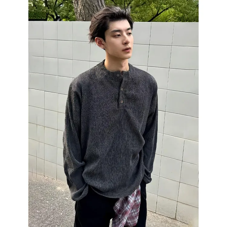 树枝肌理美式亨利领长袖t恤男款秋季两侧抽绳卫衣设计感打底上衣