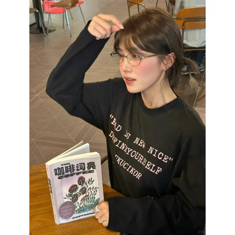 美式复古字母标语长袖t恤女早秋2025新款纯棉宽松设计感小众上衣