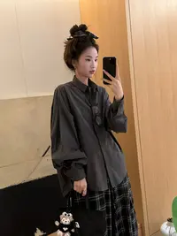 9083韩系翻领时尚宽松显瘦单排扣叠穿长袖衬衫2025秋新简约上衣女
