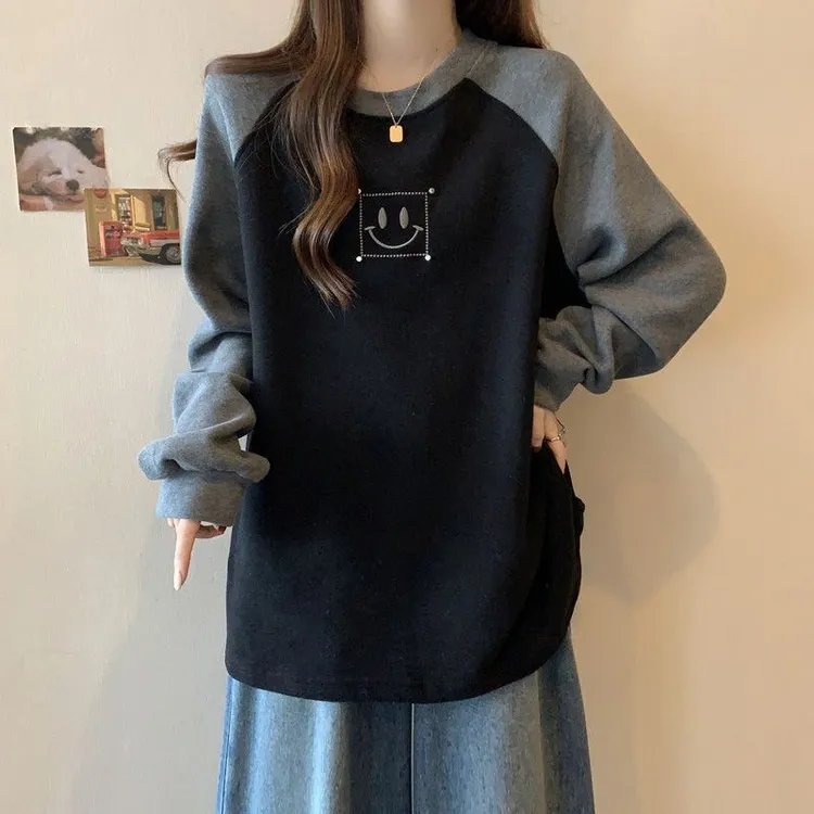 大码德绒加厚撞色卫衣女秋冬季新款宽松显瘦加绒保暖内搭打底衫女