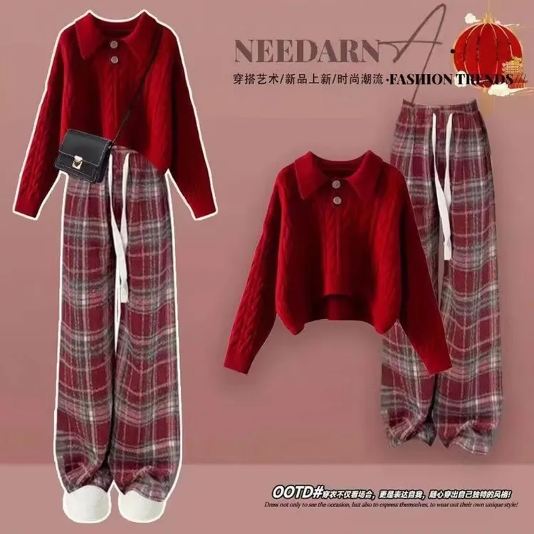 13女大童春季一整套14中学生16小个子红色毛衣套装女2025新年穿搭