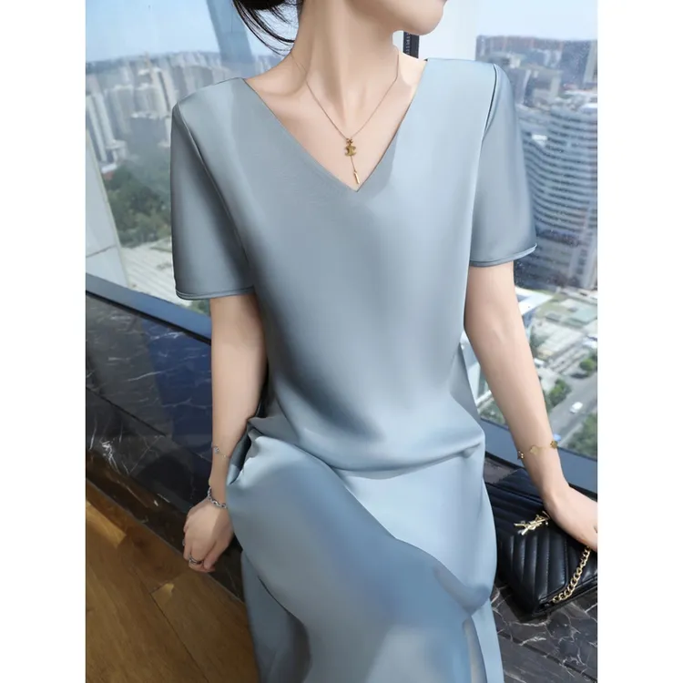 夏季新款V领醋酸缎面垂感短袖宽松显瘦气质女性长裙