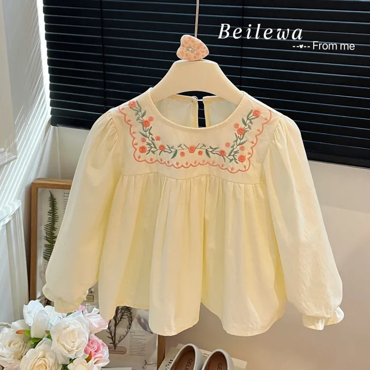 女童春秋儿童长袖刺绣小花长袖衬衫女宝宝韩版外穿衬衣休闲款童装