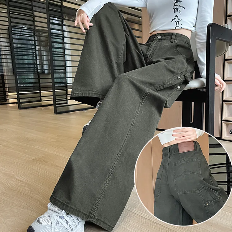 蜜蜜穿搭酷飒风工装牛仔裤女2025秋高腰显瘦阔腿垂感墨绿色休闲裤