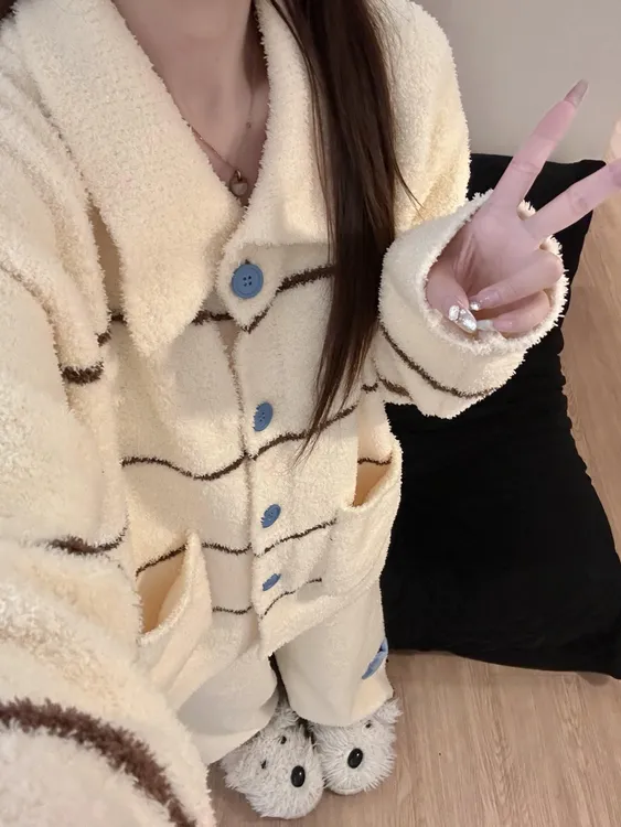 可爱酷猫韩系卡通慵懒风针织开衫可外穿睡衣女冬季半边绒保暖套装