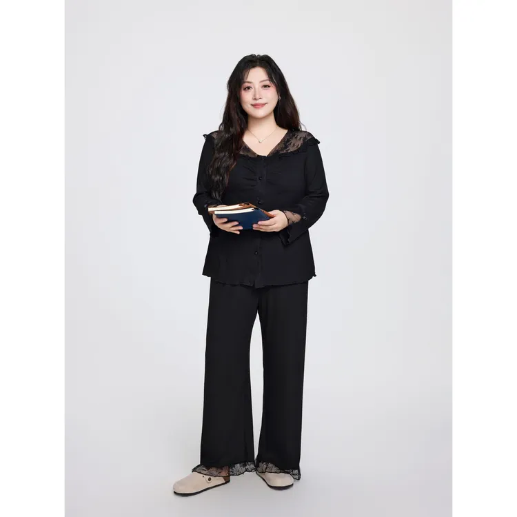 大码睡衣女带胸垫蕾丝花边设计高级感轻奢莫代尔春秋季舒适家居服