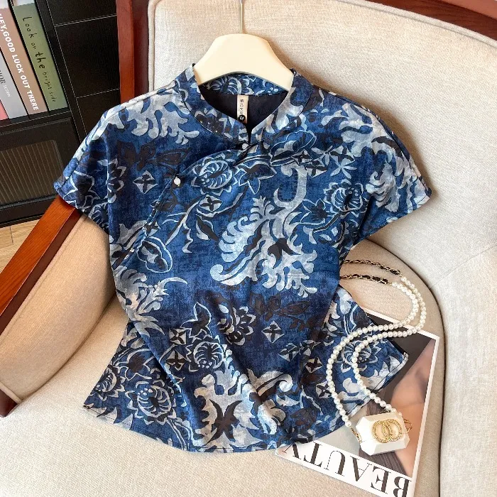 新中式缎面提花青花瓷短袖衬衫女士夏季高端国风立领盘扣小衫上衣