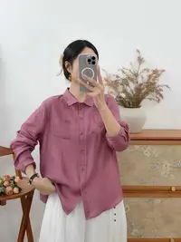 秋季单侧边刺绣苎麻纯色长袖衬衫