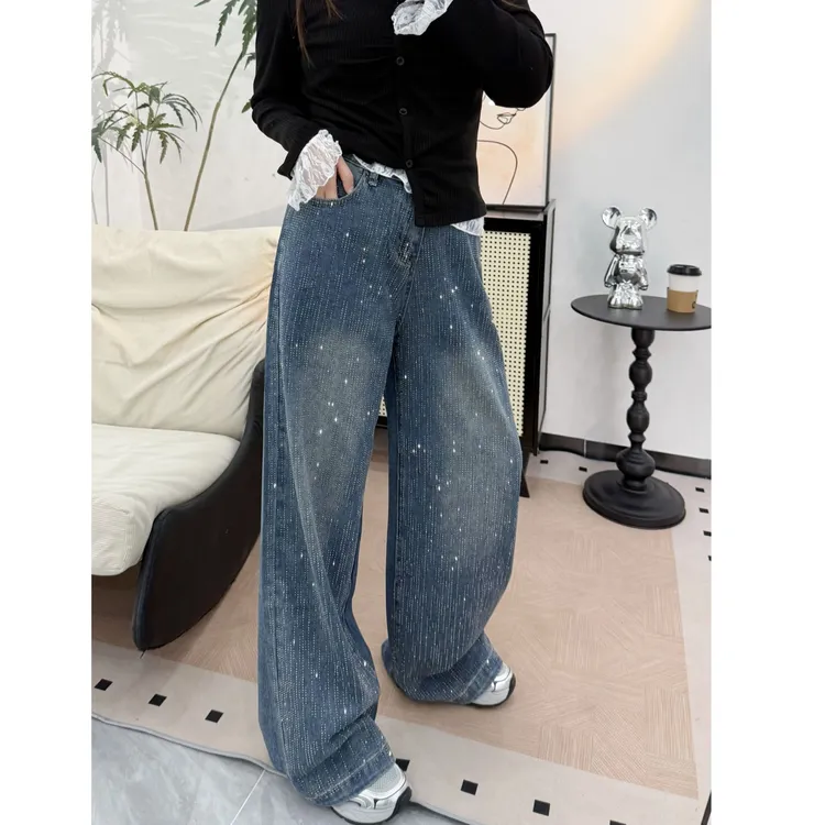 满天星河烫钻阔腿牛仔裤女秋季新款高腰显瘦大码宽松高级感拖地裤