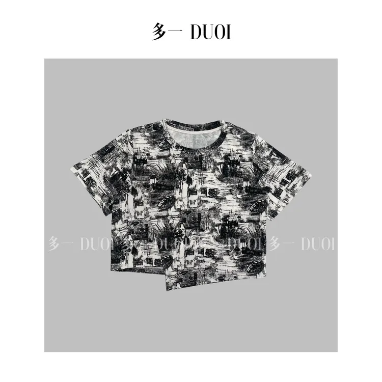 多一“素描”2025夏季时尚水墨画印花上衣休闲不规则圆领百搭T恤