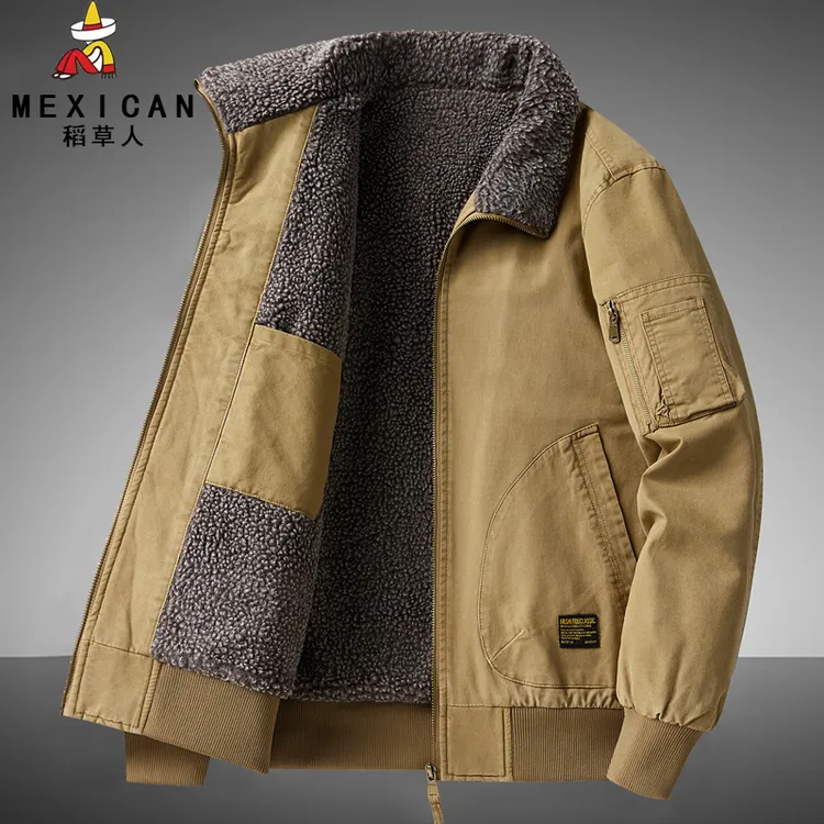 稻草人秋冬季新款男士翻领棉袄羊羔绒外套工装保暖上衣休闲棉衣男