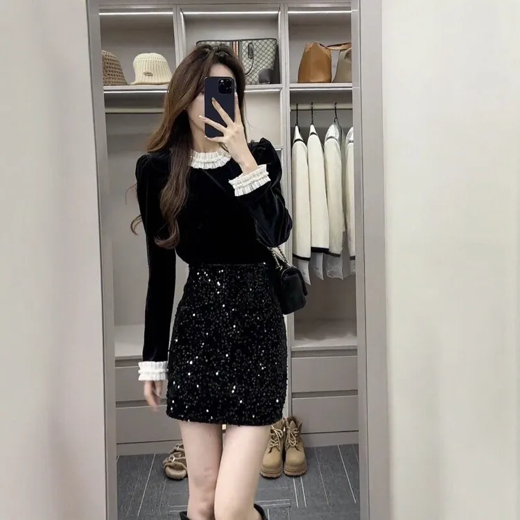 2025秋季新款法式洋气显瘦丝绒内搭上衣女+高腰亮片半身裙两件套