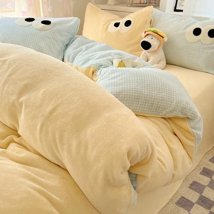 水星高端家纺奶油风牛奶绒四件套冬季加厚法兰珊瑚绒被套床单人宿