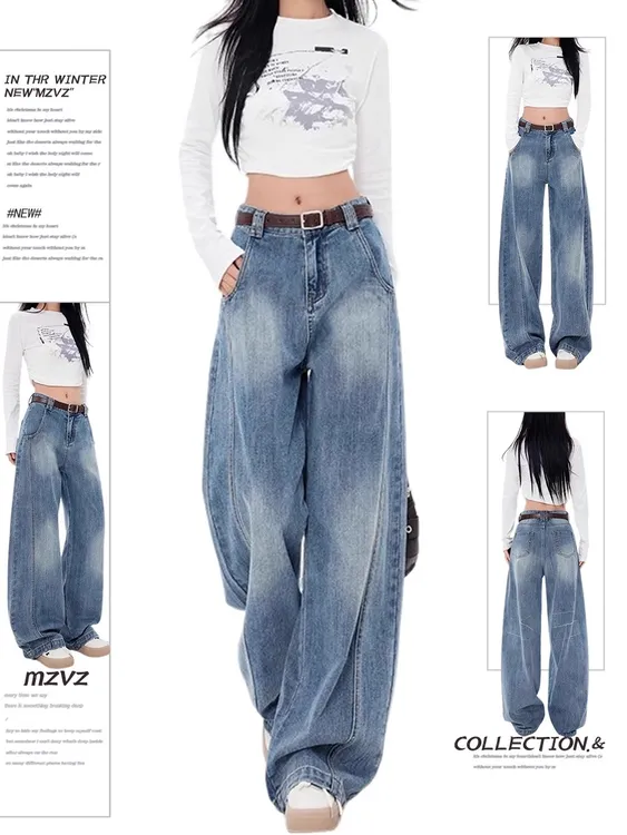 美式复古竹节弯刀牛仔裤女春季高腰显瘦爆款慵懒百搭拖地镰刀裤子