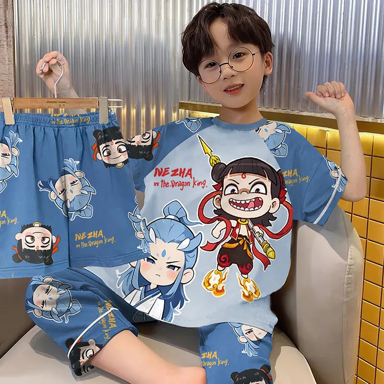 儿童睡衣小男孩纯棉薄款夏季男童中大童三件套家居服哪吒2025新款