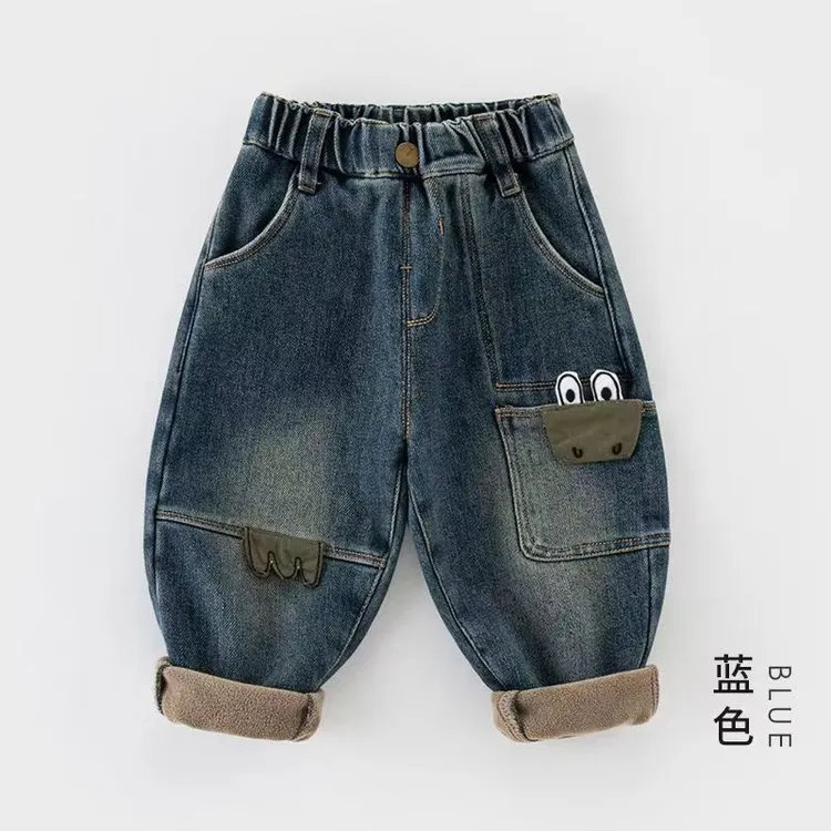 儿童裤子牛仔裤新款加绒加厚冬季一体绒男女宝宝加绒裤子休闲裤帅