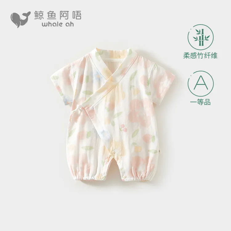 夏季天竹纤维哈衣婴儿宝宝女宝薄款竹棉纱连体衣和尚服斜襟系带