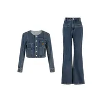 LUHE鹭禾【旺角街头】轻奢美式街头风复古蓝牛仔上衣+微喇牛仔裤