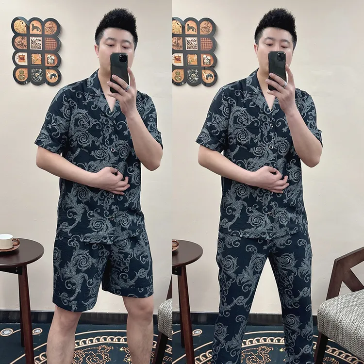大码男士棉麻奢华高品质潮流睡衣套装2025夏季薄款可外穿家居服潮