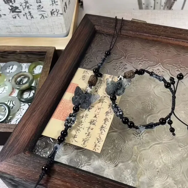 非金属树脂手链 【蜡笔】新中式水墨晕染蝴蝶手链手工编织情侣手饰