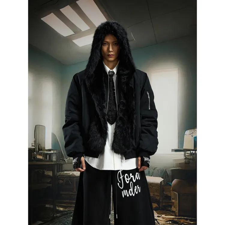 无人孤岛 大围脖毛毛连帽可拆宽松短款拉链外套夹棉加厚棉服男女