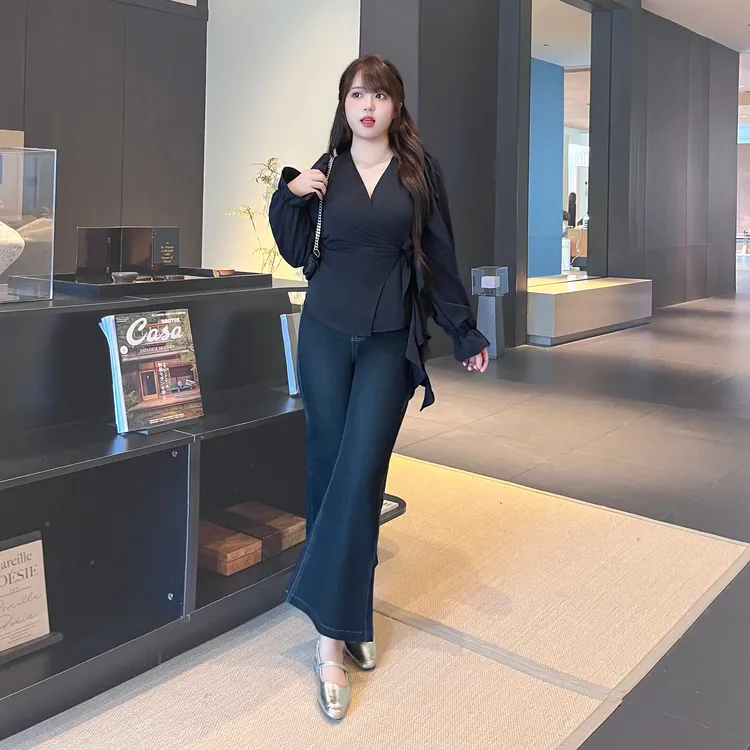 120斤的大杨 胖mm气质港风复古蓝阔腿裤女早秋高腰显瘦微喇牛仔裤