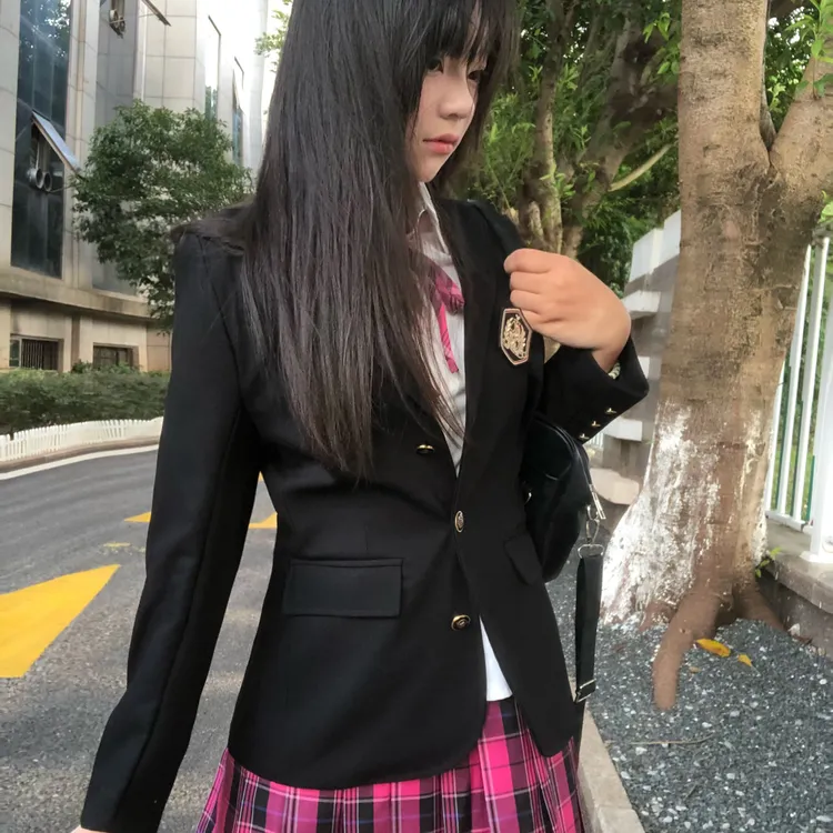 原创秋冬厚款jk制服黑色收腰西装外套女学院风绀色三粒扣西服上衣