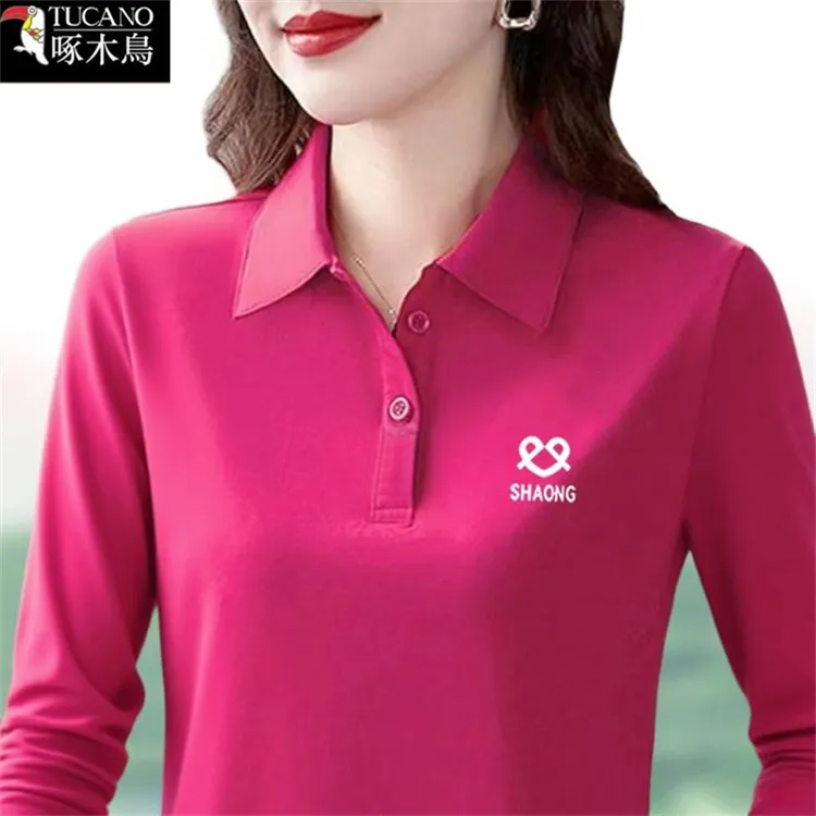 啄木鸟纽扣POLO领显瘦印花T恤2025年新款秋季长袖纯色通勤上衣女