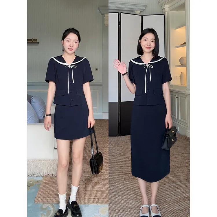 郭九九呢 娃娃领撞色蝴蝶结收腰西装短袖显瘦a字半裙 G925A07046