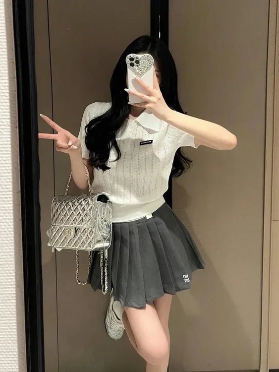 学院风miu系镂空针织polo衫25夏季ins白色减龄宽松显瘦短袖上衣女