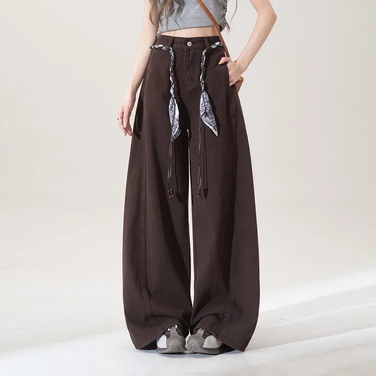 【送腰绳】美式复古咖色弯刀牛仔裤女秋季高腰宽松阔腿拖地镰刀裤子