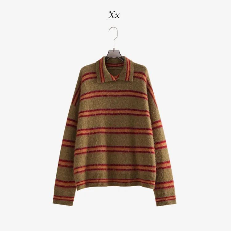慵懒松弛感！条纹针织衫女秋冬高级感宽松显瘦上衣-9F6112