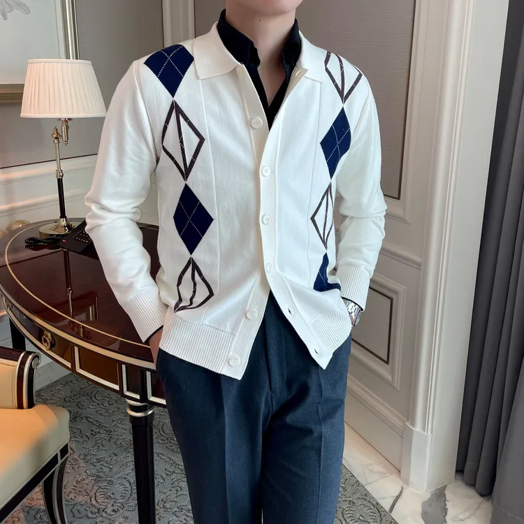 秋季新款复古菱形格针织开衫商务时尚百搭休闲长袖毛衣外套上衣男